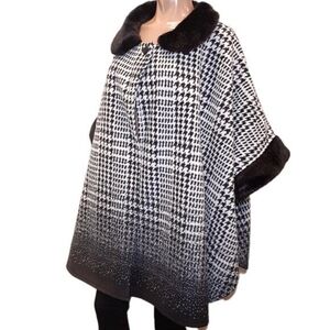 MARINA LUNA Houndstooth Cloak Winter Fleece Cape Poncho Coat Faux Fur Trim L XL